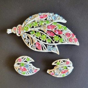 Vintage White Enamel and Pastel Rhinestone Leaf Brooch & Earring Set
